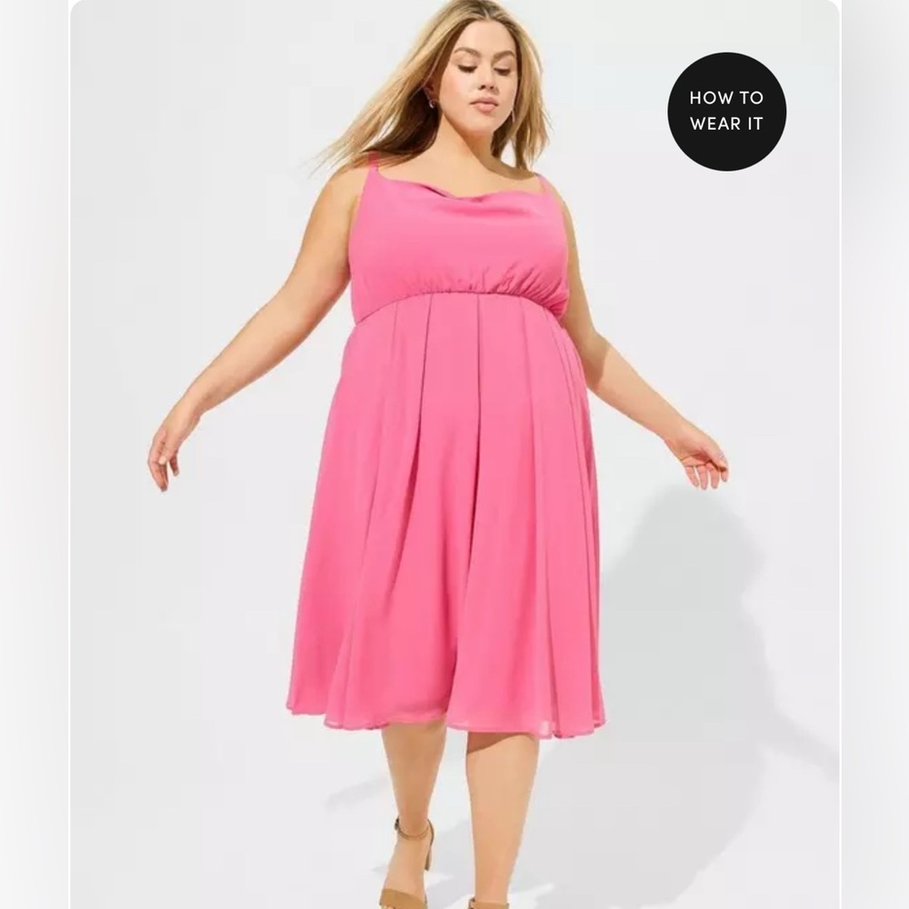 Torrid Spring Pink Flowy Relaxed Midi Chiffon Cowl Neck Pleated Sleeveless Dress